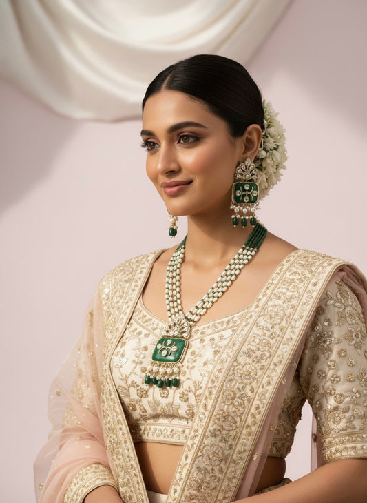 Emerald Green Kundan Pearl Necklace Set