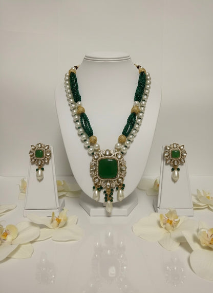 Bottle Green & Pearl Layered Necklace Set