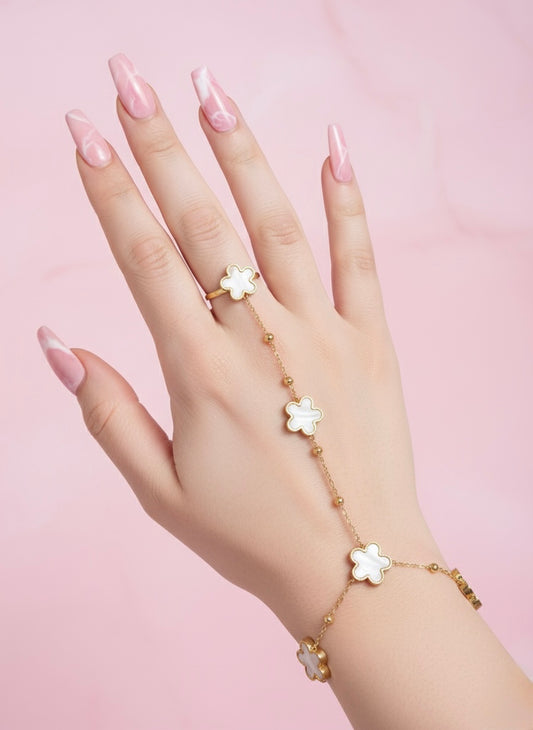 Elegant Clover Hand Chain Bracelet – Gold Plated | Tarnish-Free | Premium Mother of Pearl Finish