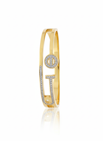 Key & Circle Crystal Bangle Bracelet – Luxury Gold Finish