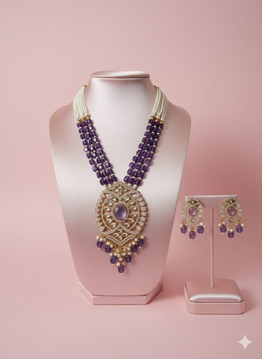 Amethyst Purple Kundan Pearl Necklace Set