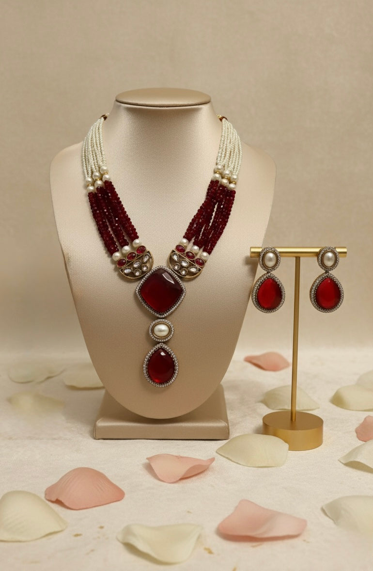 Ruby Red Kundan Necklace and Earrings Jewellery Set