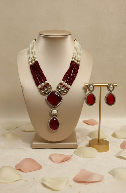 Ruby Red Kundan Necklace and Earrings Jewellery Set