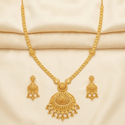 Gold Tone Traditional Long Necklace & Earrings Set – Statement Indian Jewellery