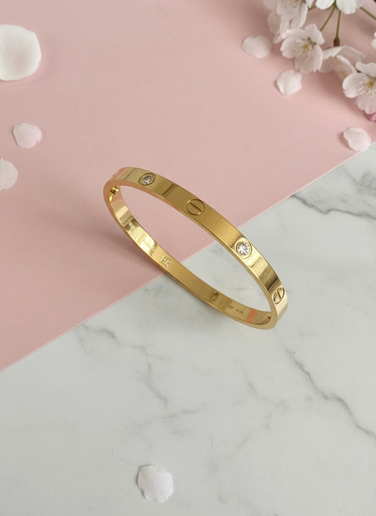 Gold Plated Classic Screw Design Bangle Bracelet with Crystals