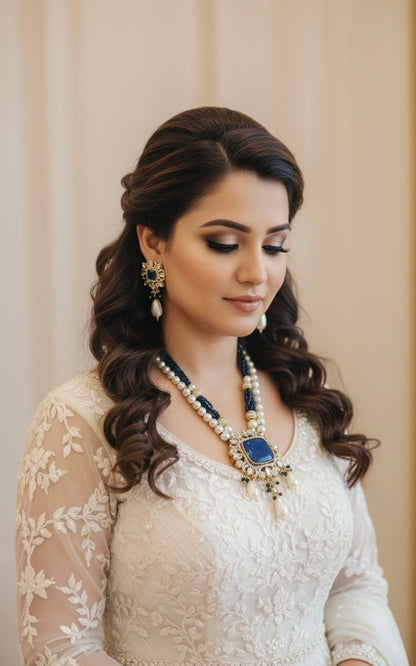 Royal Blue & Pearl Layered Necklace Set