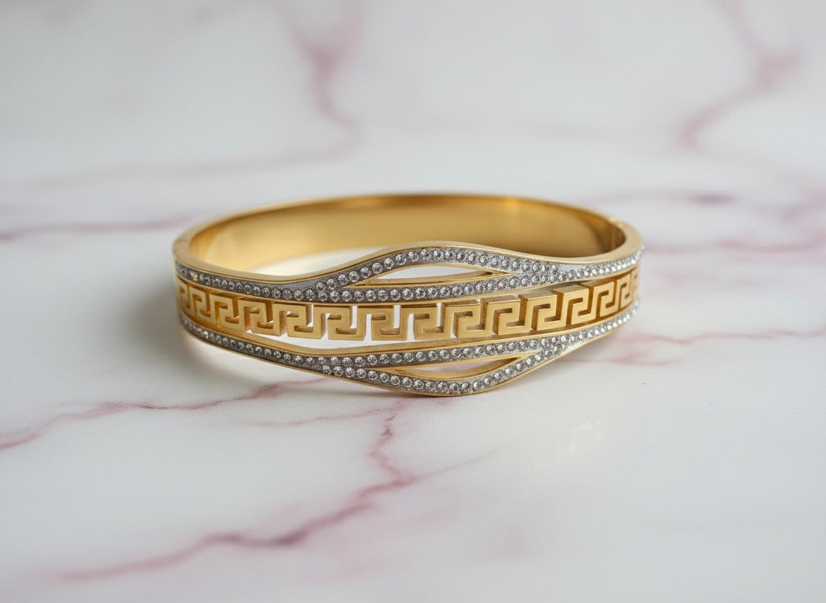 Greek Key Wave Bangle – Dual Tone with Crystals | Premium Gold Finish | Tarnish-Free
