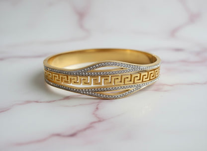 Greek Key Wave Bangle – Dual Tone with Crystals | Premium Gold Finish | Tarnish-Free