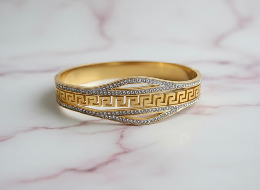 Greek Key Wave Bangle – Dual Tone with Crystals | Premium Gold Finish | Tarnish-Free