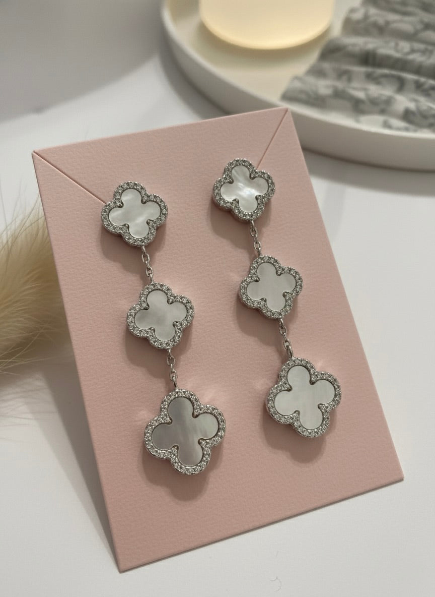 Silver Clover Drop Earrings with Mother of Pearl & Cubic Zirconia