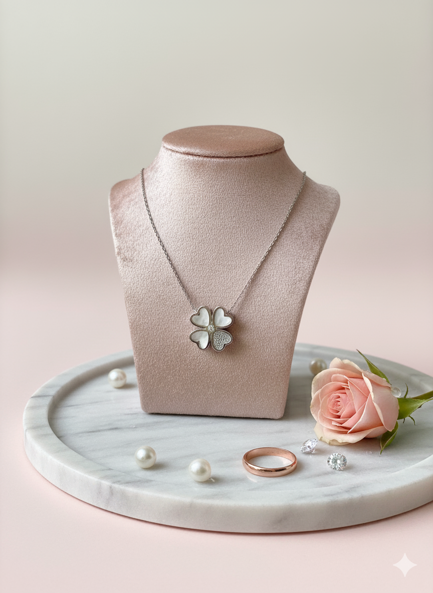 925 Sterling Silver Hallmarked Four-Leaf Clover Pendant Necklace with Mother of Pearl