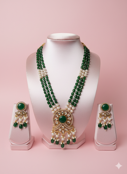 Emerald Green Kundan Pearl Necklace Set