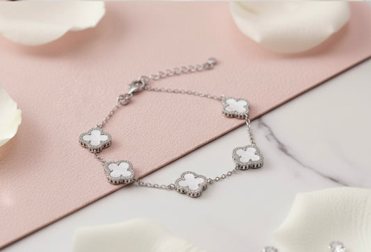 925 Sterling Silver Hallmarked Clover Bracelet with Mother of Pearl