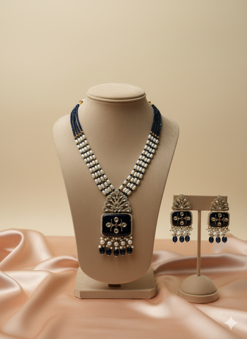 Royal Blue Kundan Pearl Necklace Set