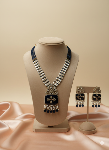 Royal Blue Kundan Pearl Necklace Set