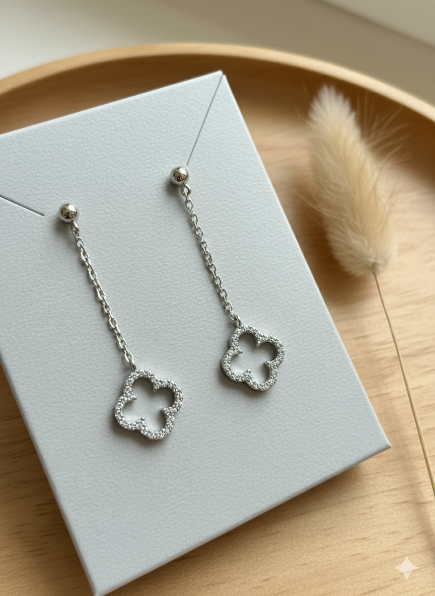 925 Sterling Silver Hallmarked Clover Drop Earrings – Zircon Detailing