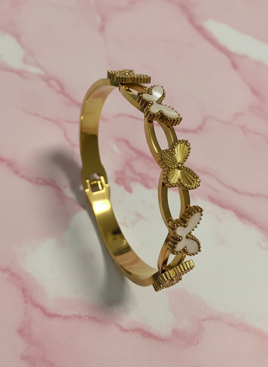 Gold Butterfly Bangle – Mother of Pearl Inlay | Tarnish-Free | Premium Designer Finish