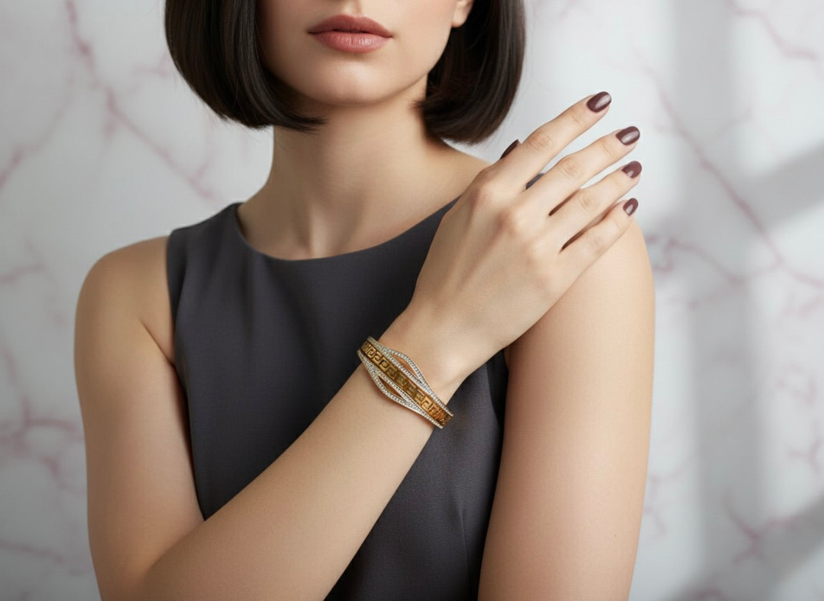 Greek Key Wave Bangle – Dual Tone with Crystals | Premium Gold Finish | Tarnish-Free