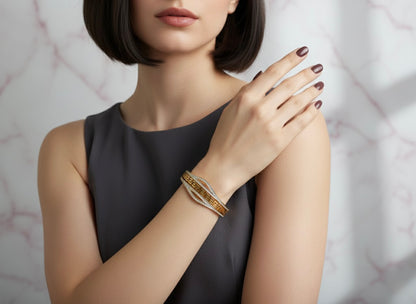 Greek Key Wave Bangle – Dual Tone with Crystals | Premium Gold Finish | Tarnish-Free