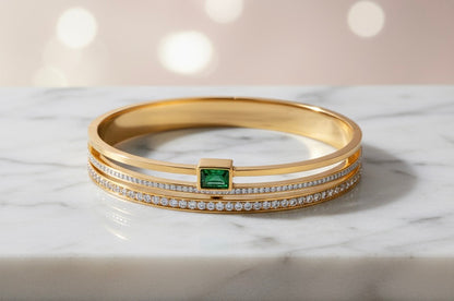 Gold-Plated Emerald & Diamond-Inspired Bangle