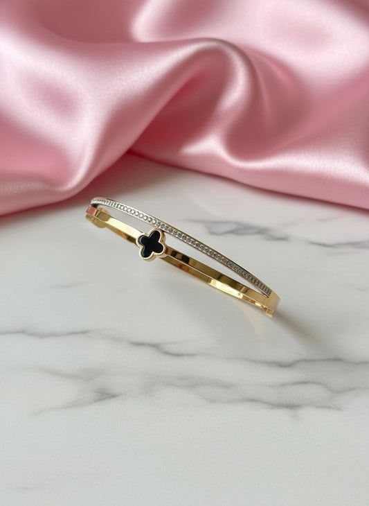 Black Clover Bangle Bracelet – Dual Band Gold Finish