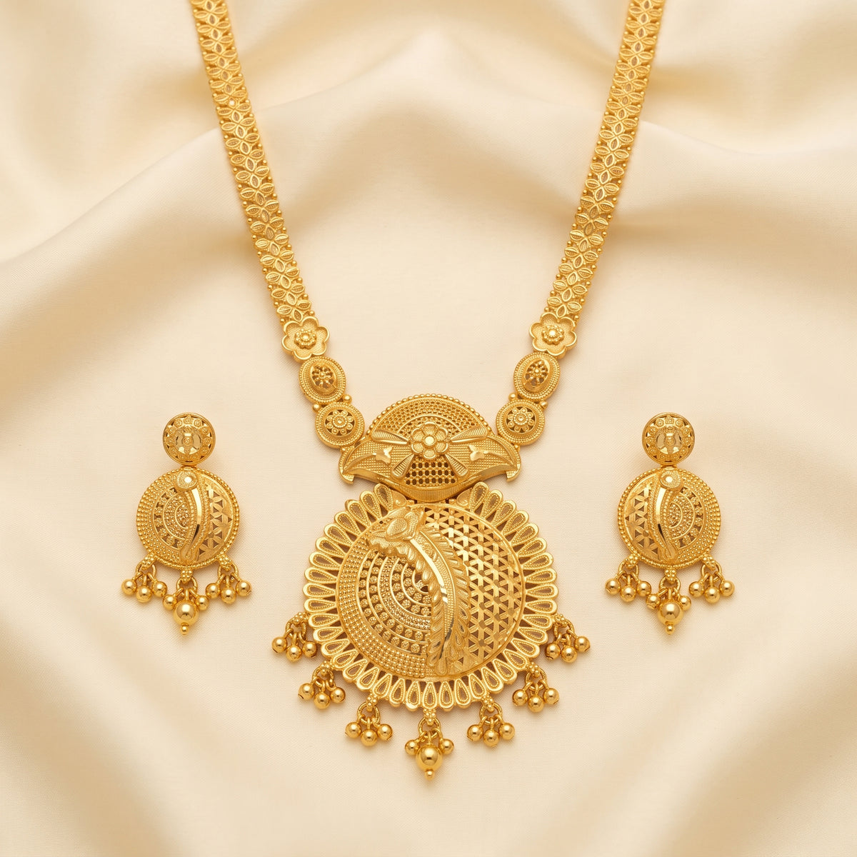 Gold Tone Traditional Long Necklace & Earrings Set – Statement Indian Jewellery