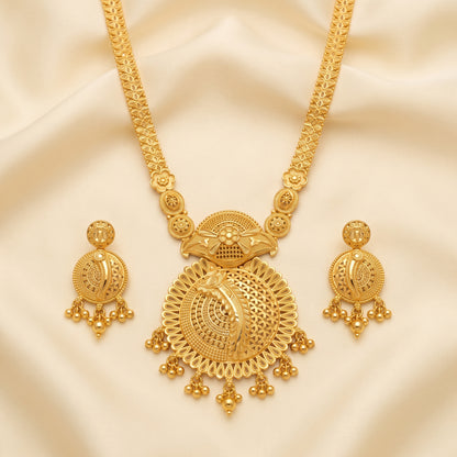 Gold Tone Traditional Long Necklace & Earrings Set – Statement Indian Jewellery