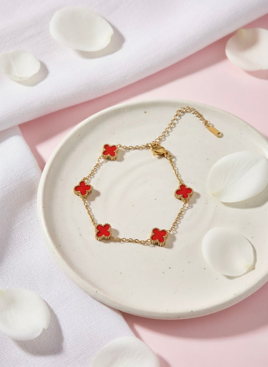 Gold-Plated Red Clover Charm Bracelet