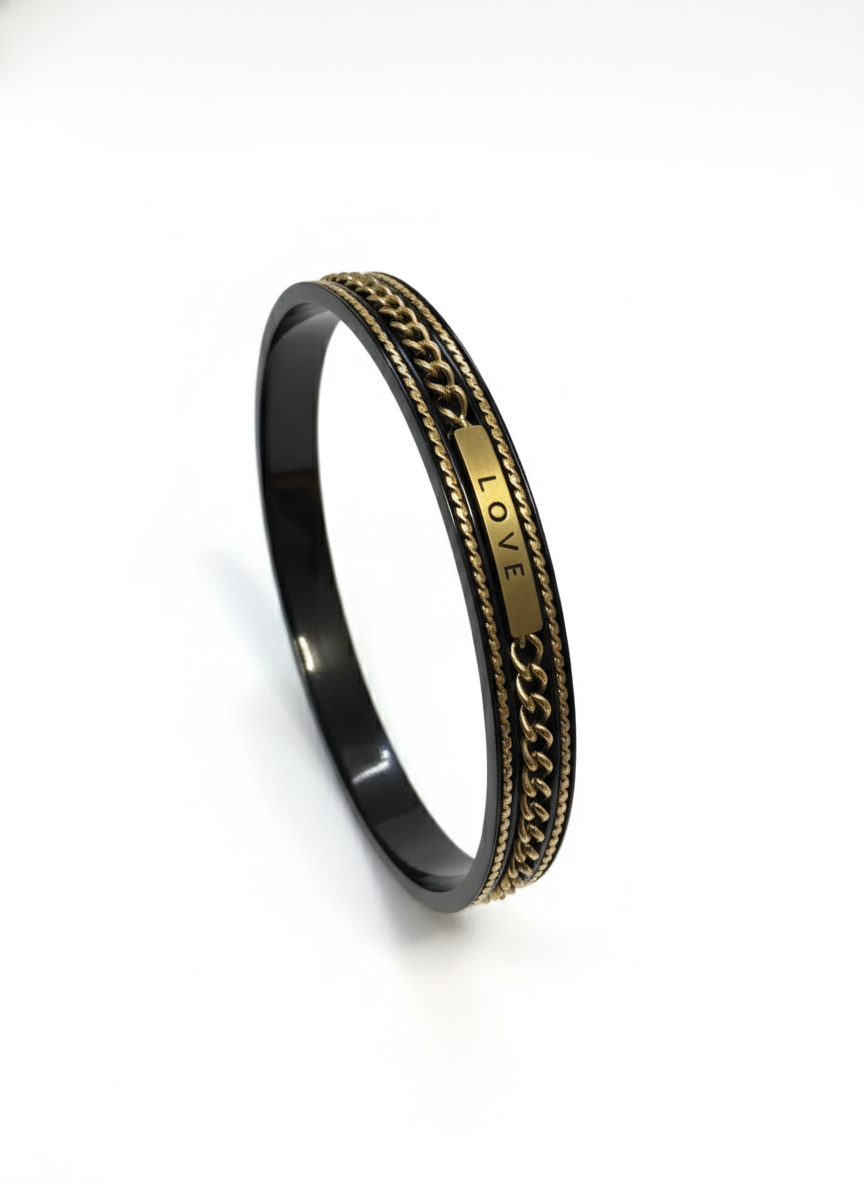 Black & Gold “LOVE” Bangle Bracelet – Tarnish-Free | Premium Finish