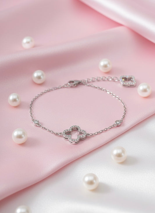 Silver Clover Bracelet with Cubic Zirconia Detailing