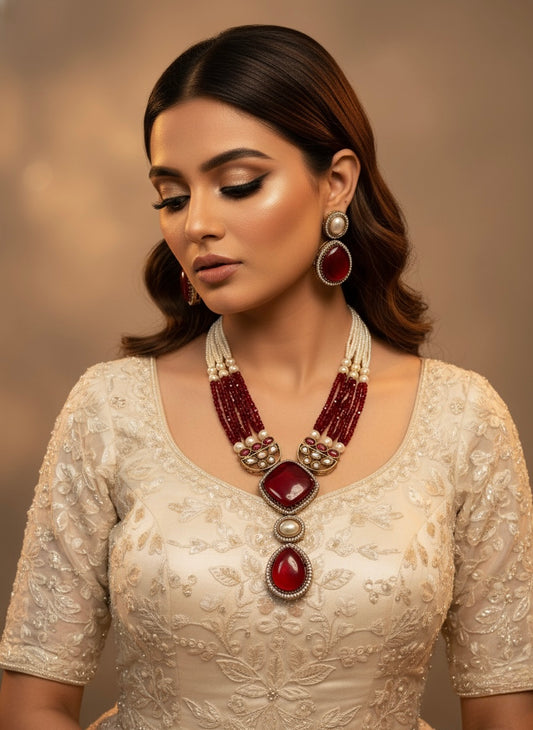 Ruby Red Kundan Necklace and Earrings Jewellery Set