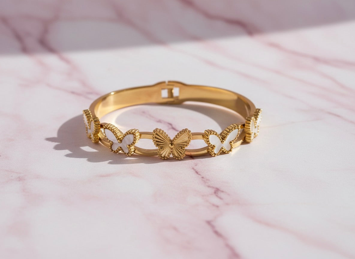 Gold Butterfly Bangle – Mother of Pearl Inlay | Tarnish-Free | Premium Designer Finish