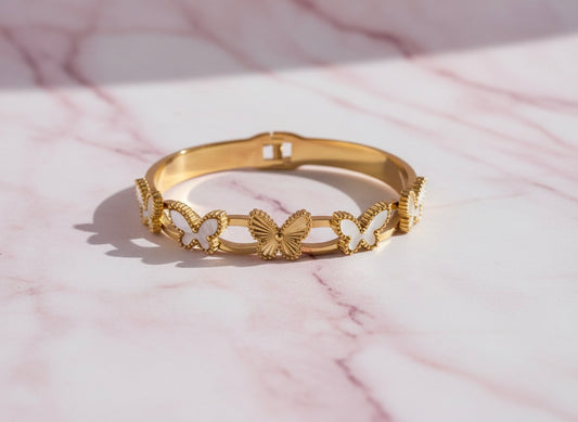 Gold Butterfly Bangle – Mother of Pearl Inlay | Tarnish-Free | Premium Designer Finish