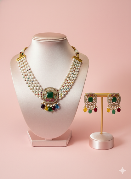 Multicolor Kundan Pearl Choker Necklace Set