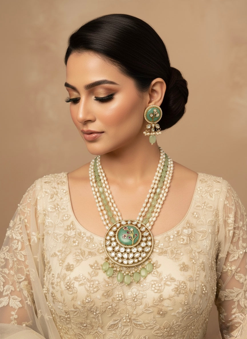 Pastel Green Pearl & Kundan Statement Jewellery Set