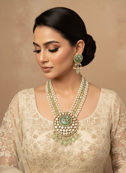 Pastel Green Pearl & Kundan Statement Jewellery Set