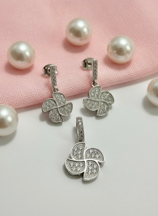 Silver Petal Pendant & Earring Set with Cubic Zirconia