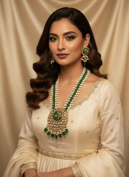Emerald Green Pearl & Kundan Statement Jewellery Set