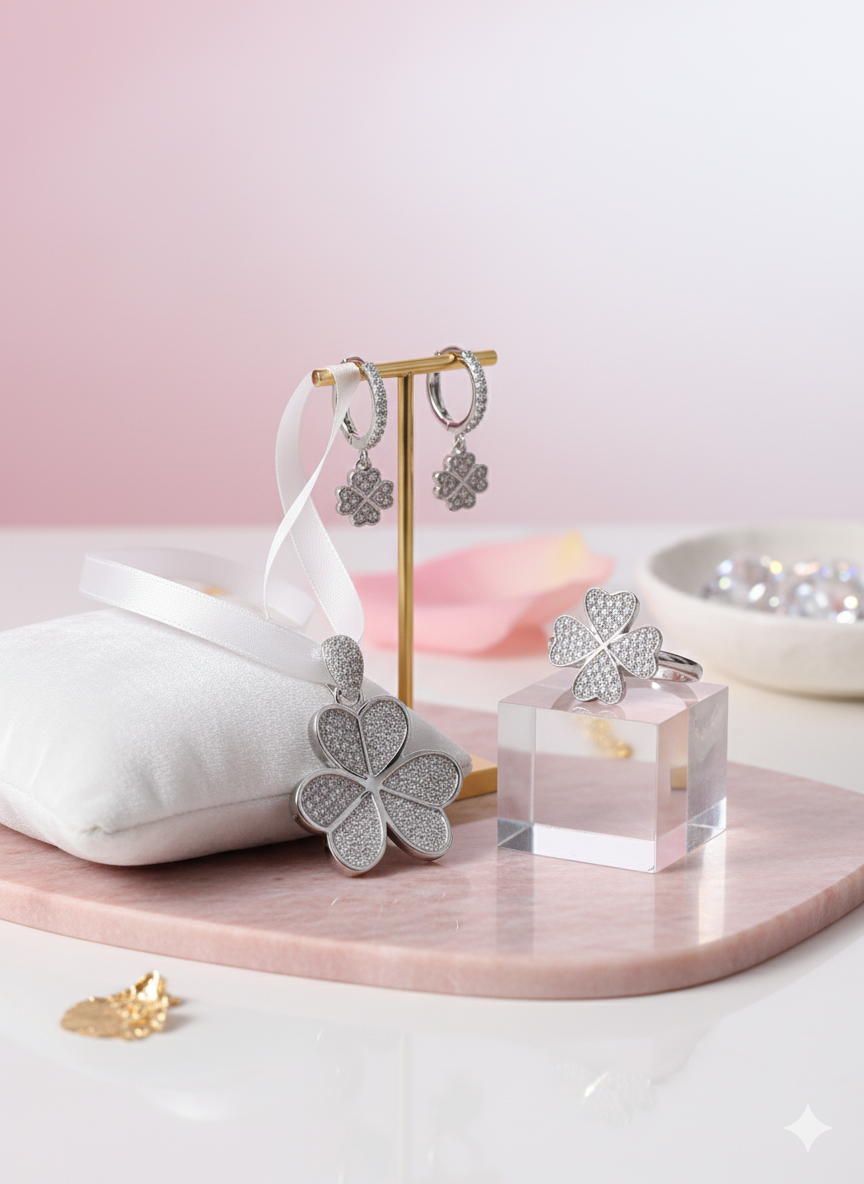 925 Sterling Silver Hallmarked Four-Leaf Clover Jewellery Set – Pendant, Earrings & Ring