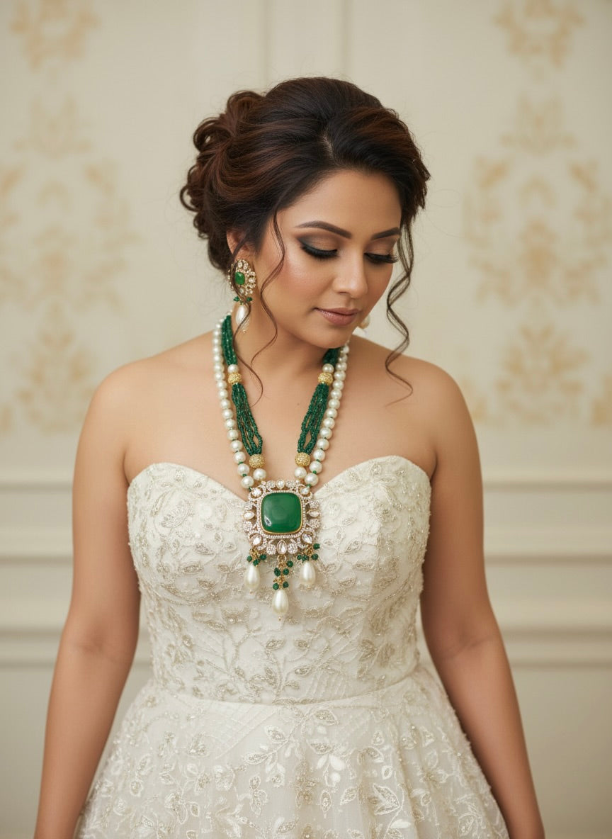 Bottle Green & Pearl Layered Necklace Set