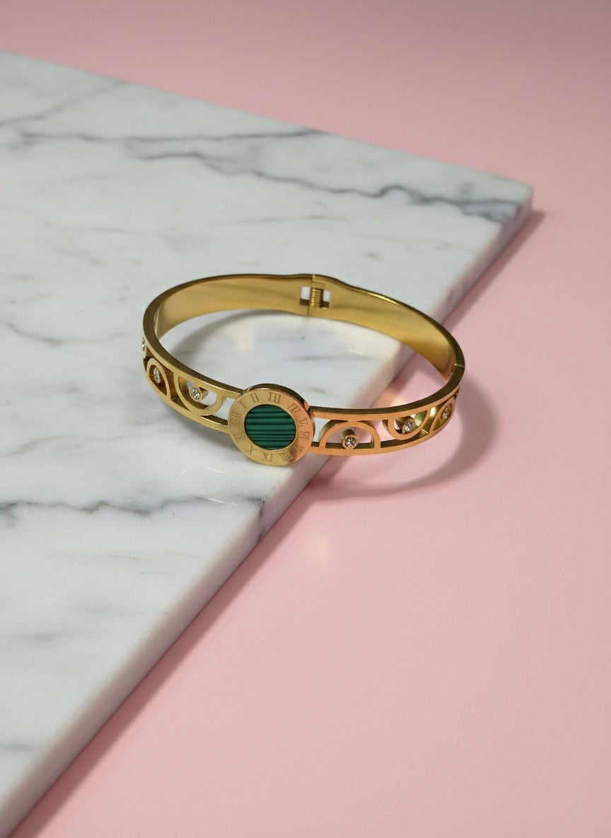 Green Dial Roman Numeral Bangle – Premium Gold Finish | Tarnish-Free | Designer Cut-Out Style