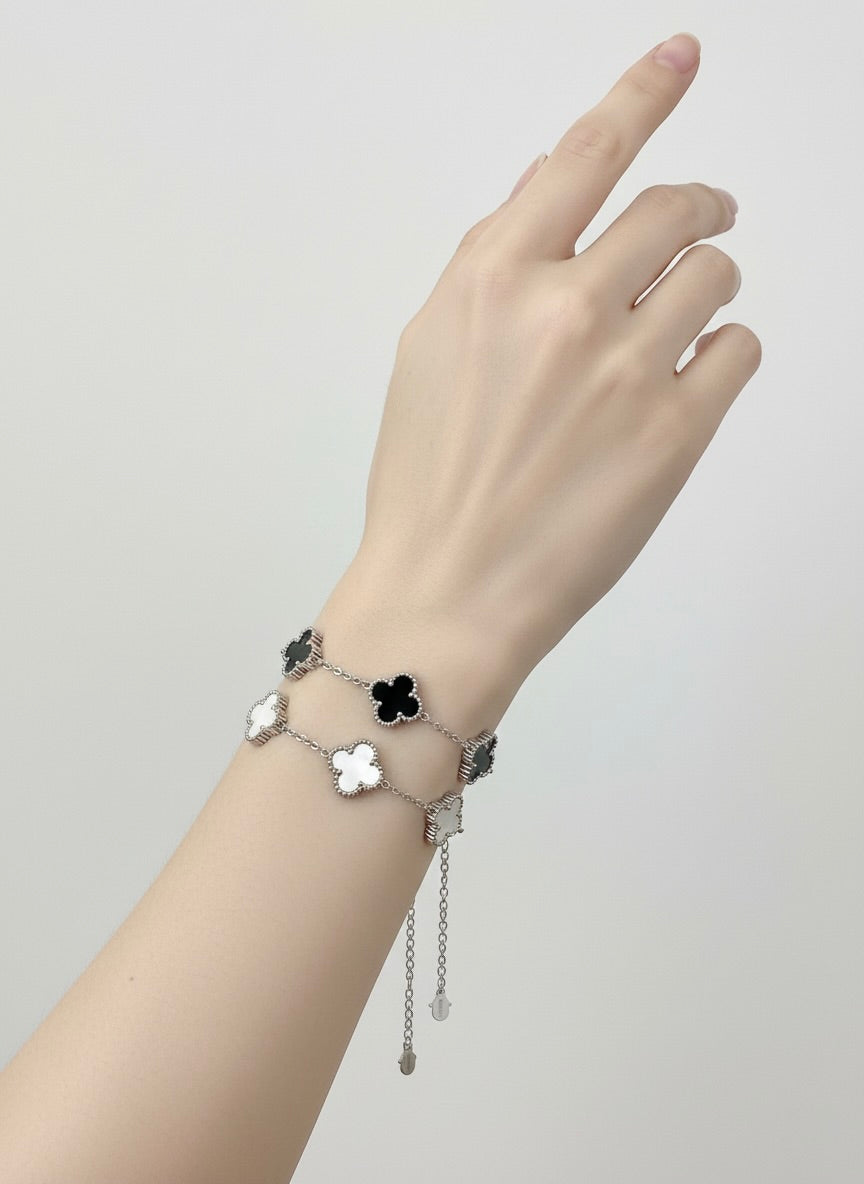 Adjustable Double-Layer Clover Bracelet – Silver Finish