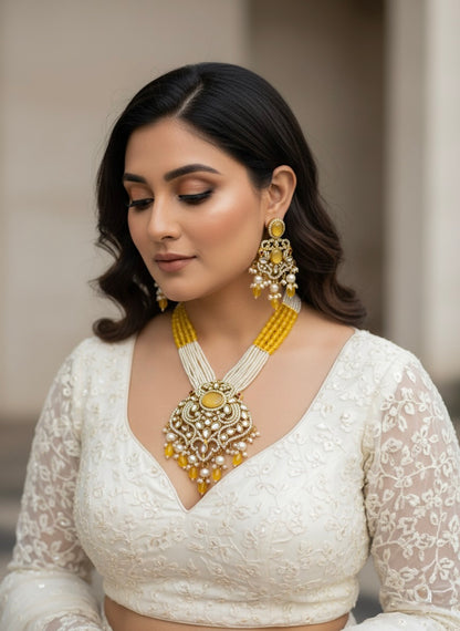 Yellow & Pearl Kundan Necklace Set