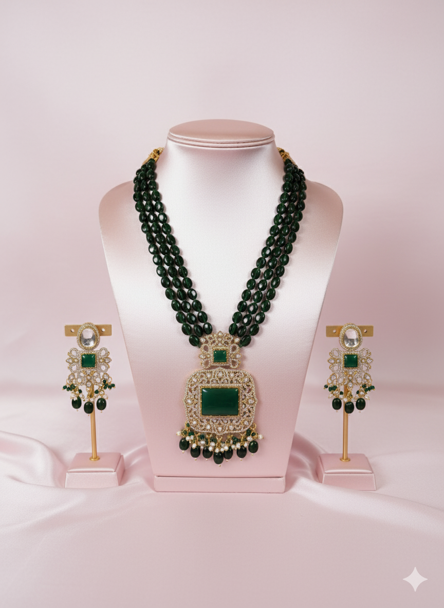 Emerald Green Square Kundan Pearl Necklace Set