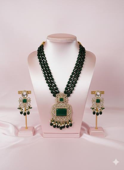 Emerald Green Square Kundan Pearl Necklace Set