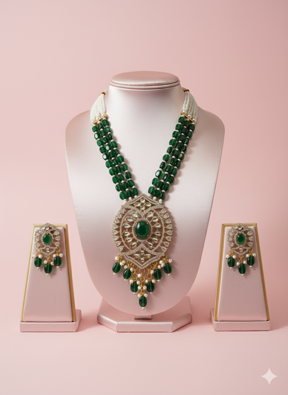 Emerald Green Kundan Pearl Necklace Set