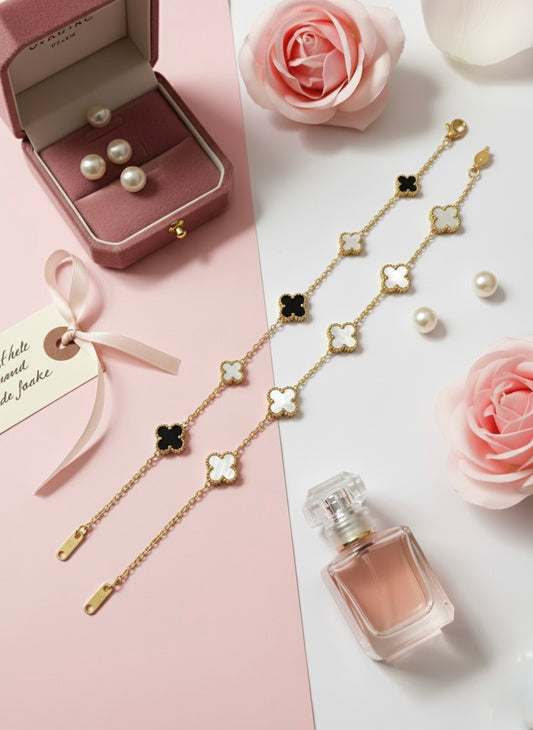 Black & White Clover Bracelet Combo – Luxury Gold Finish (Set of 2)