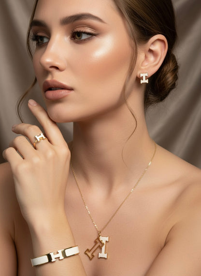 Luxury White & Gold Jewellery Set – 4 Pieces