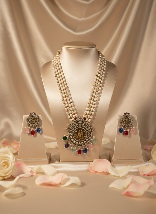 Divine Multicolour Pearl Temple Jewellery Set