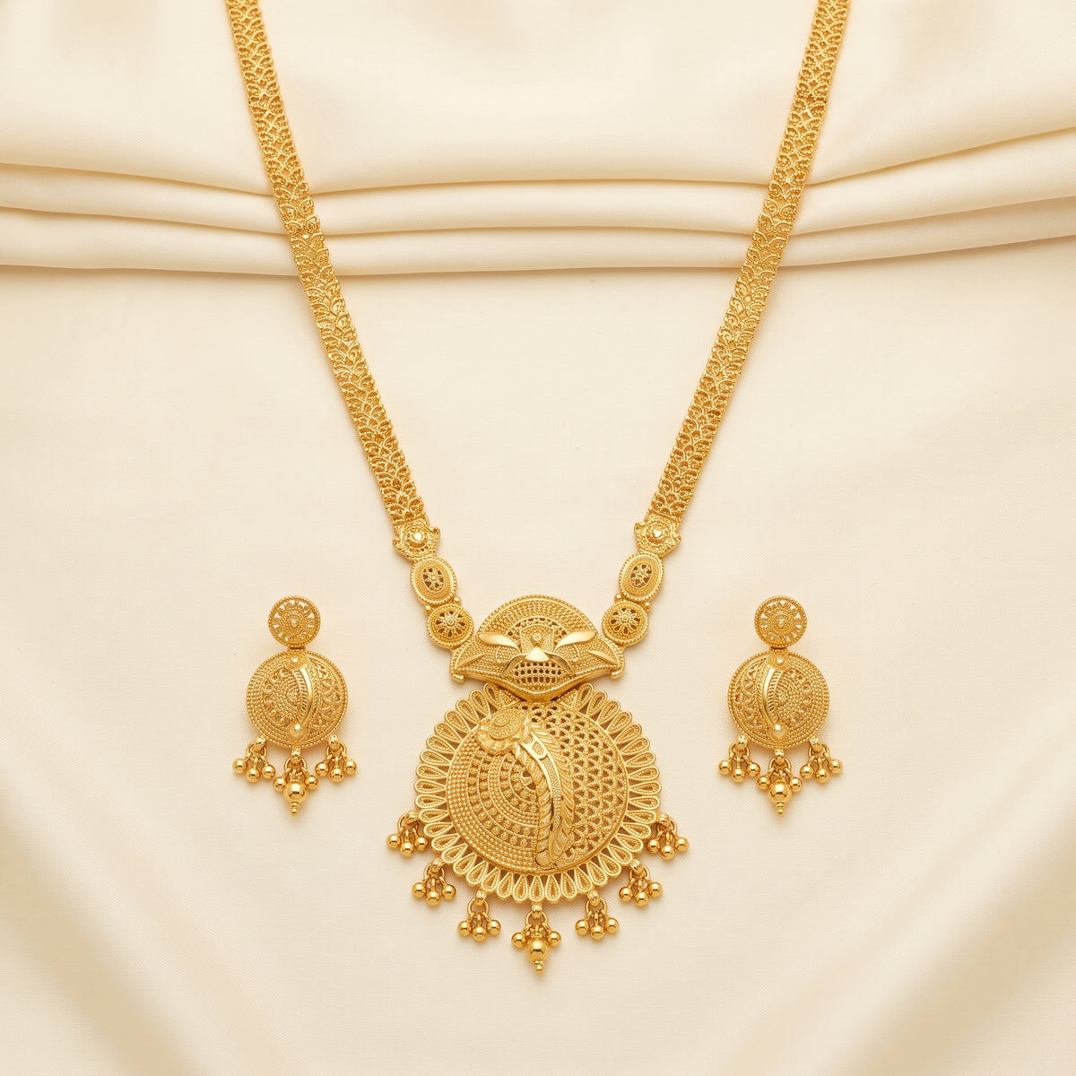 Gold Tone Traditional Long Necklace & Earrings Set – Statement Indian Jewellery
